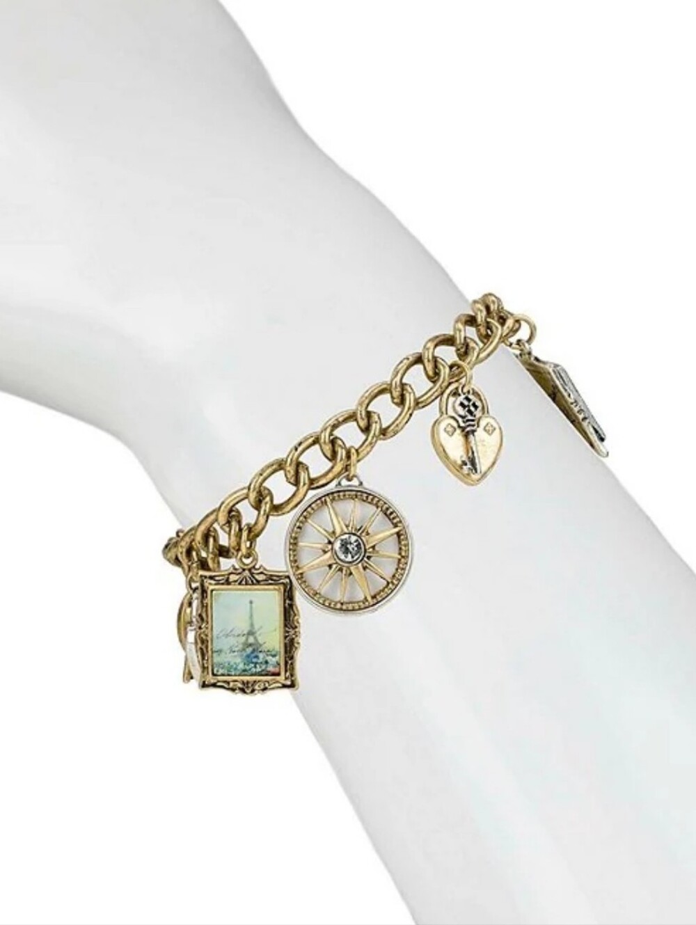 Patricia Nash Charm Chain Bracelet In Worn Gold/Silver, Paris Postcard, NWT